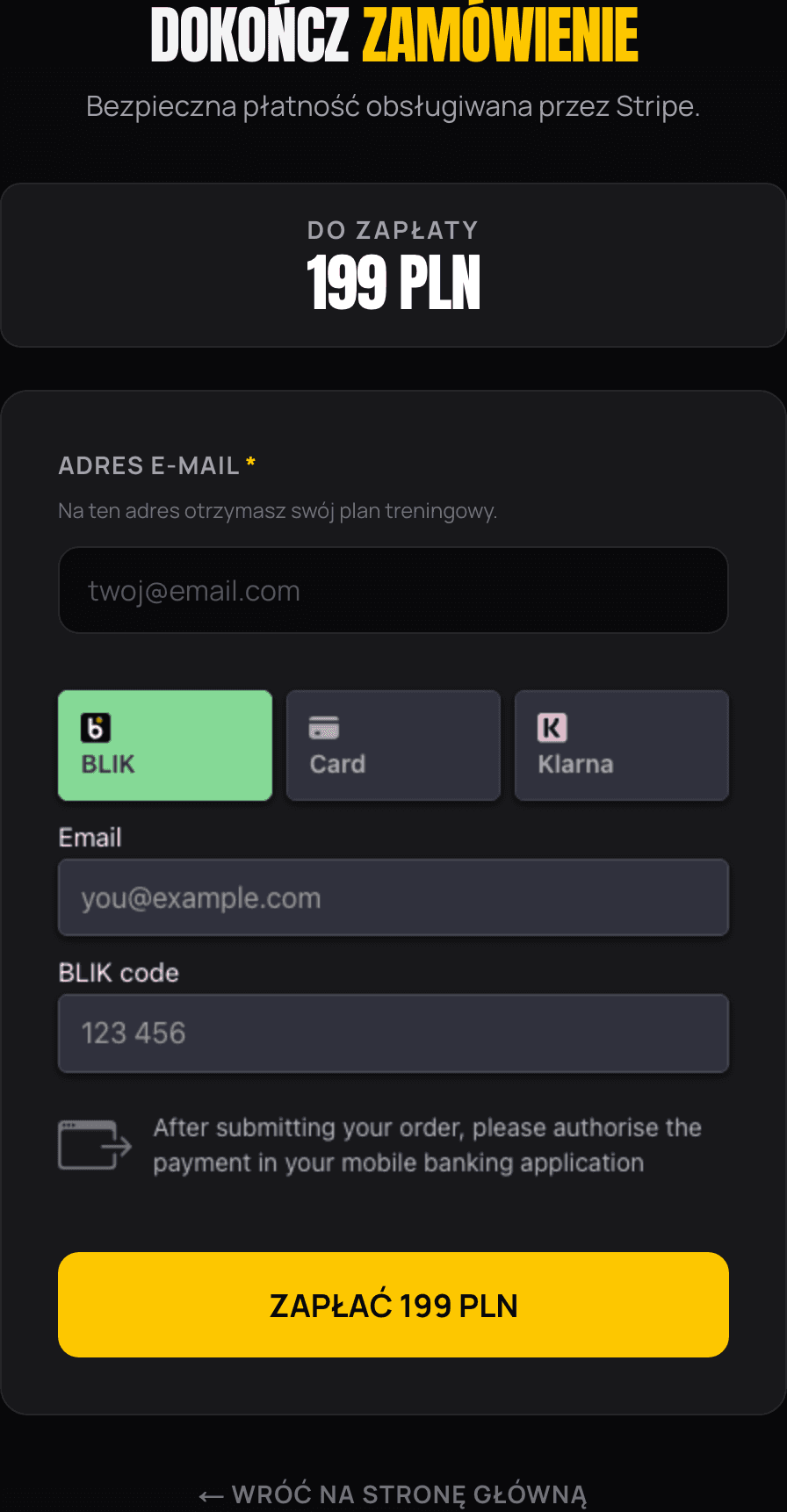 Wbudowany checkout Stripe na domenie Trener Rzepa